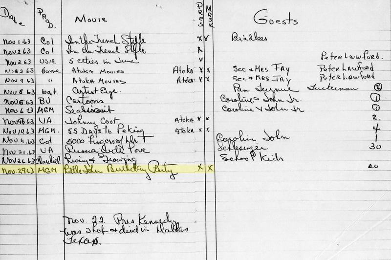 White House projectionist Paul Fischer’s log book for movies he projected (1963, anonymous source)